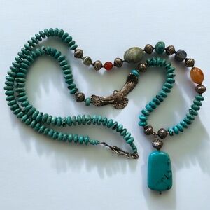 925 Stamped Vintage Native American Eagle Multi Gemstone Long Necklace